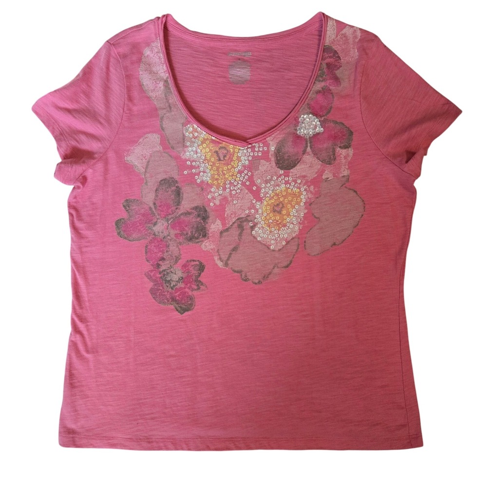 St. Johns Bay Womens XL Artsy Pink Floral Sequin V-Neck Short Sleeve Cotton‎ Top